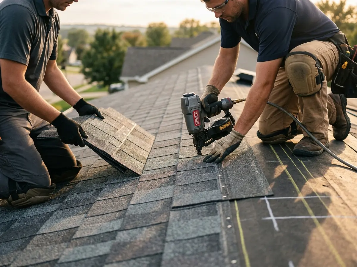 Professional roofer working on a residential roof in Lower Macungie